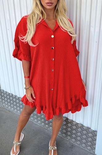 Ladies Women's Gold Button Pleated Frill Summer Shirt Swing Smock Mini Dress Top - Picture 14 of 24