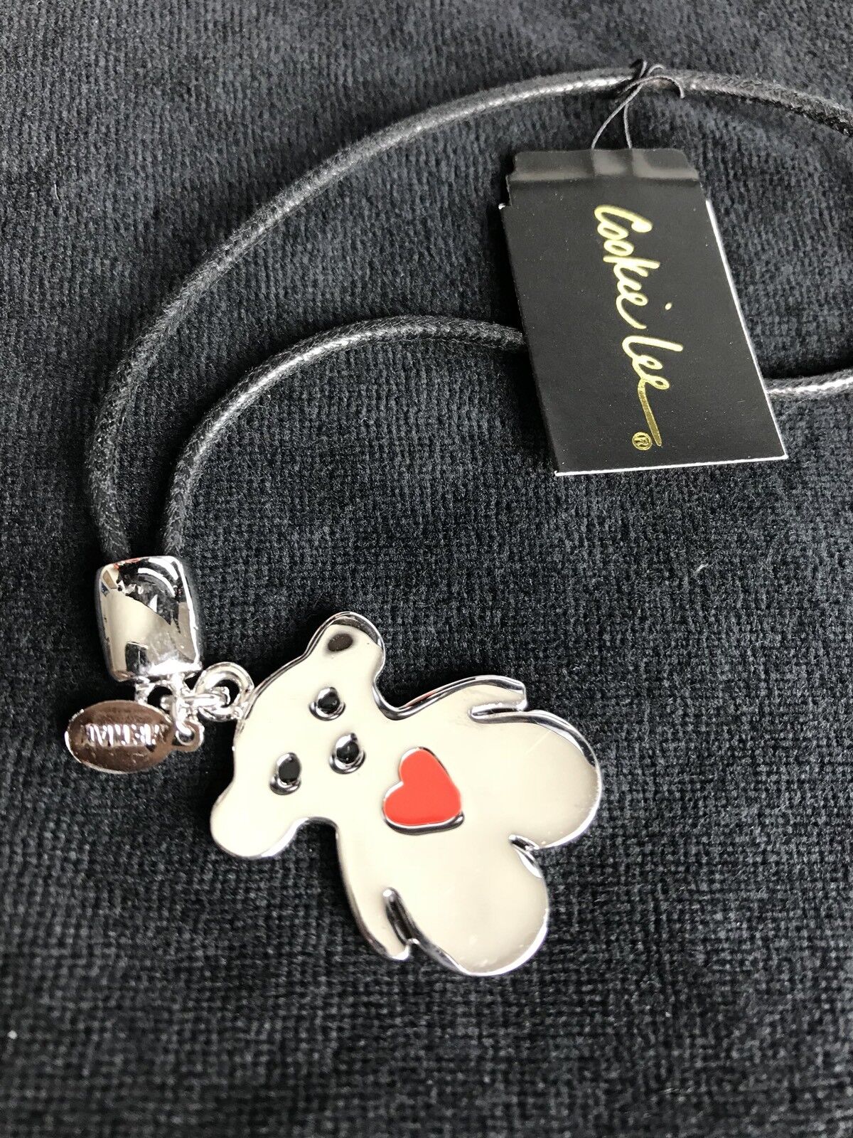 Cookie Lee Silver Plated Bear Red Heart Purse Charm Black Cord