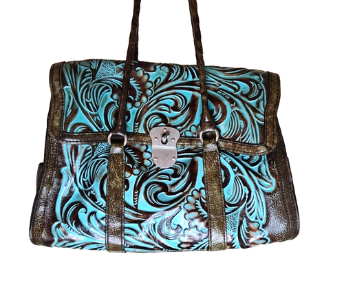 Patricia Nash Poppy Turquoise Tooled Leather Tote Purse $249