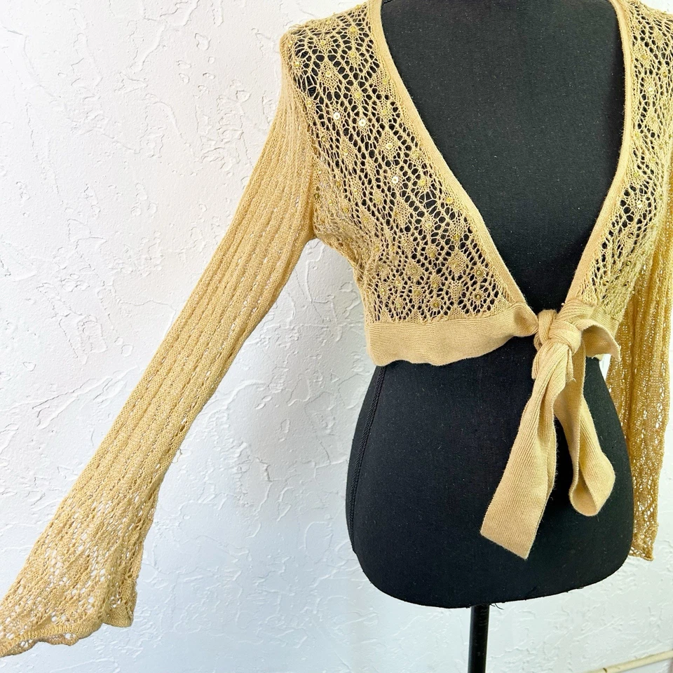 Cardigã Vintage Y2K Dourado Lantejoulas Frente Encolher Encolher Tamanho Grande Fairycore - Imagem 4 de 4