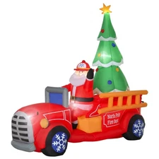 HOMCOM 7.5ft Christmas Inflatable Santa Claus Driving a Fire Truck with Tree, Ou