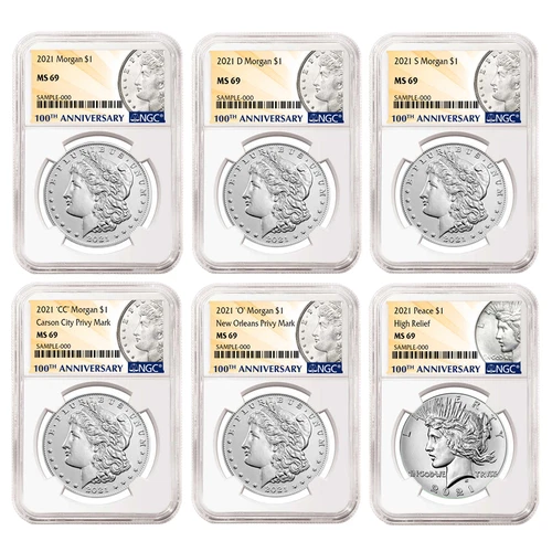 2021 $1 Morgan and Peace Silver Dollar 6pc Set NGC MS69 100th Anni. Label