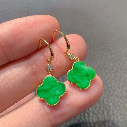 Antiker natürlicher grüner Jade Blume Unikat Schliff Ohrhänger Silber 925 - Bild 3 von 3