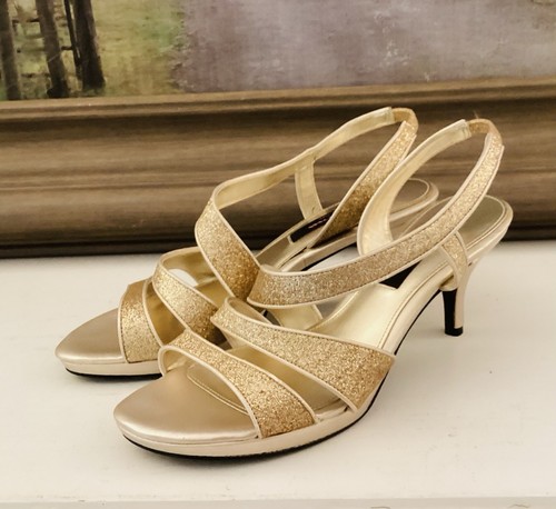 Nina Nolga-YG Gold Baby Glitter Strappy Leather Sole Heels Size US 8 EU 38 Party - Picture 2 of 16