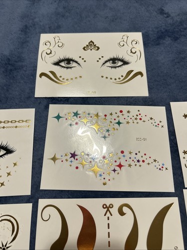 10 Sheets Face Metallic Shiny Gold Temporary Tattoo Sticker Star Heart Flower 1D - Picture 7 of 9