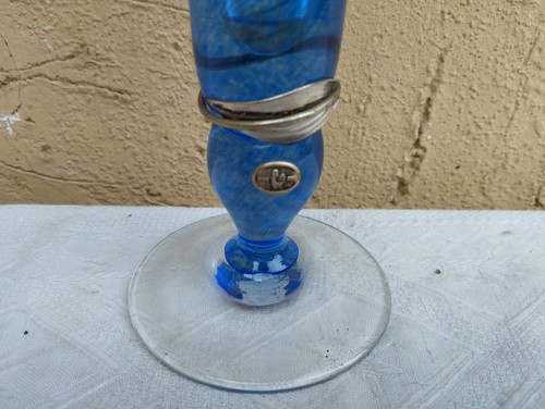 VASO MONOFIORE IN VETRO AZZURRO CON RAMO DI FIORI FOGLIE IN ARGENTO TITOLO 925 - Imagen 9 de 17