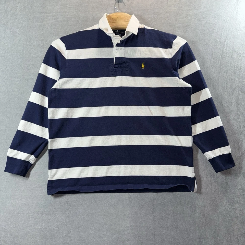 Camisa de Rugby Polo Ralph Lauren De Colección Para Hombres Grande Azul Marino Blanco Rayas Amarillo Poni Foto 2 de 4