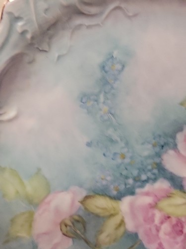 Antique Pink Rose Motif Blue Bone China Decorative Plate 9" - Picture 3 of 9