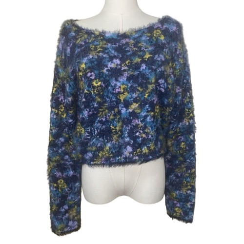 Pilcro Women's Size Small Blue Yellow Purple Fuzzy Floral Crop Pullover Sweater