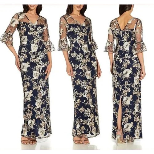 Maxi Vestido Adrianna Papell Floral Bordado Volantes Manga Campana, Talla 14 - Imagen 16 de 16