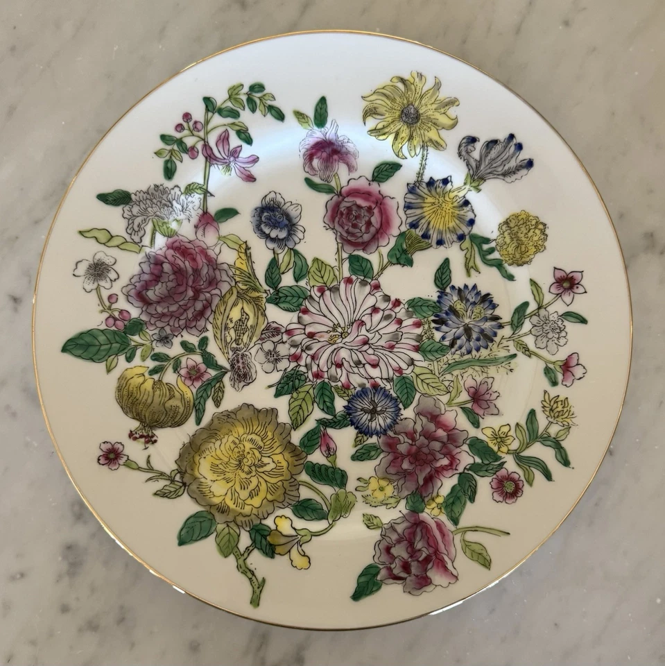 Plato de porcelana floral chinoiserie decorativo pintado a mano vintage con borde dorado Foto 3 de 4