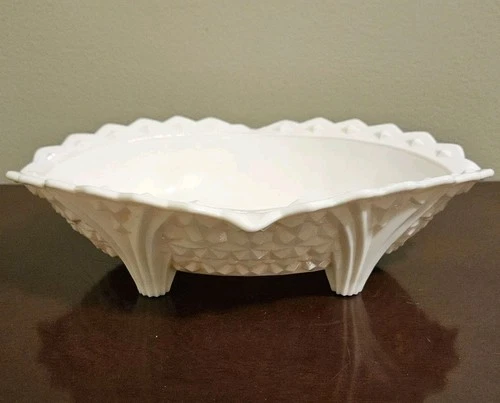 Vintage Mid Century Jeanette Pink Milk Glass Buttons & Bows Footed  Bowl 10"