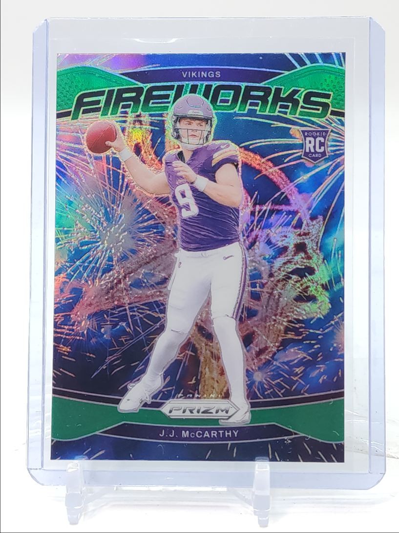 J.J. MCCARTHY 2024 PANINI PRIZM FIREWORKS ROOKIE GREEN PRIZM RC Q5360