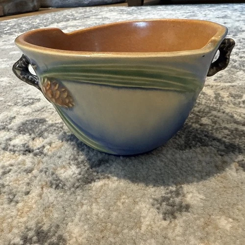 Roseville Pottery Bowl Jardiniere Blue Pine Cone Double Branch Handles 7” 320-5