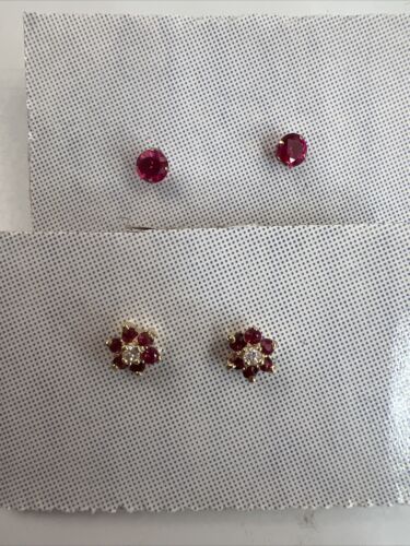 Pink Tourmaline & Diamond Flower Pendant Necklace 18k Yellow Gold 18" 2 Earrings - Picture 3 of 7