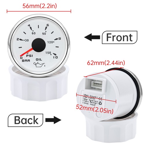 52mm Boat Car Oil Pressure Gauge 0-10Bar 0-150PSI with 1/8NPT Pressure Sensor - Picture 4 of 15