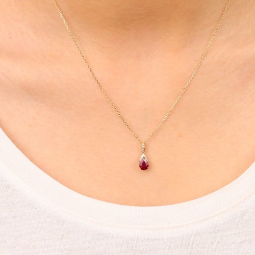 Without Chain 0.78 ct Natural Pear Cut Ruby and Diamonds Pendant 10K Yellow Gold - Picture 3 of 4