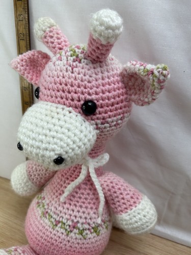 Crochet Giraffe Handmade Animal 17” Tall Pink And White With Floral Pattern - Picture 4 of 17