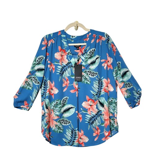 Jones NY Petite Womens Tropical Top Blouse LP Blue Floral Vacation Colorful NEW