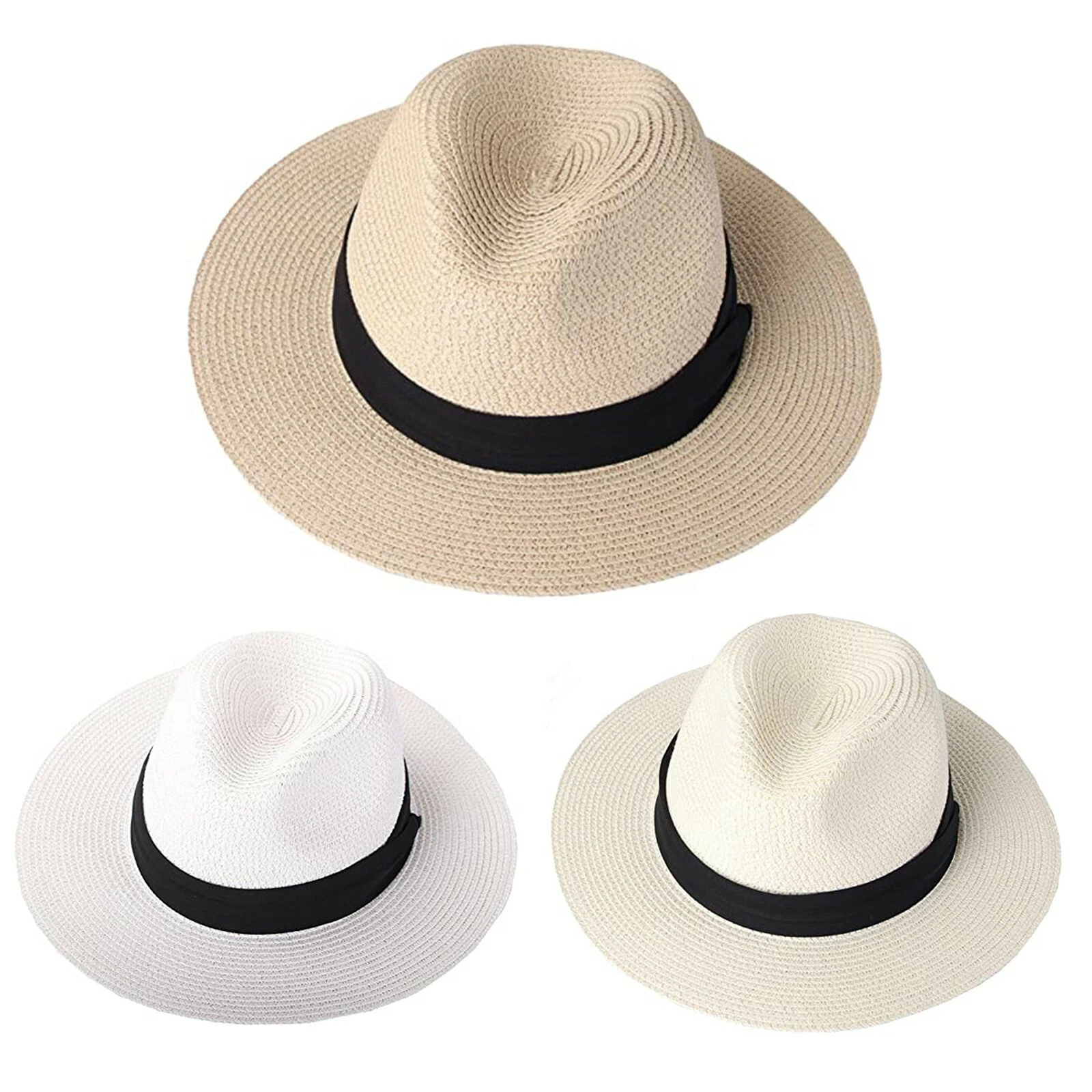 Mens Womens Summer Beach Sun Straw Panama Fedora Hats Flat Hat Big Brim Band Cap