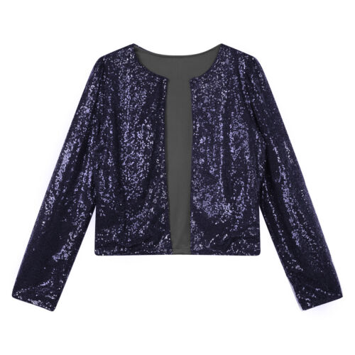 Womens Sequins Long Sleeve Jacket Open Front Glitter Blazer Bolero Cardigan Coat - Picture 75 of 82
