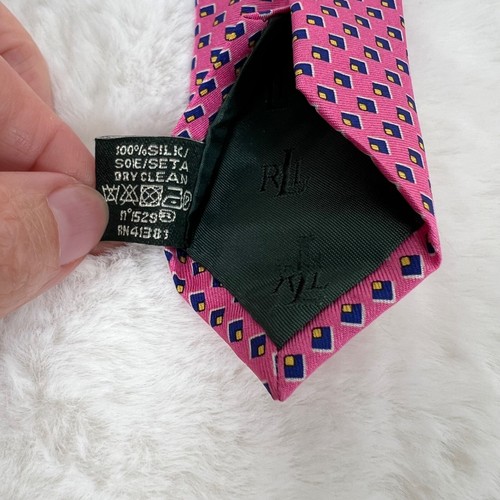 Lauren Ralph Lauren Tie Pink/Navy Mens 100% Silk Hand Made Necktie 57" x 3.5" - Picture 5 of 5