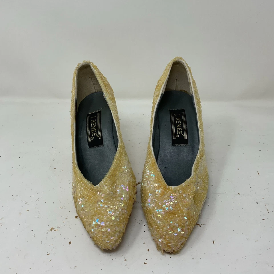 ¡SEQUINES! Zapatos de salón de lentejuelas J Renee 6 M marfil iridiscente tacones de boda usados en excelente estado de colección años 80 Foto 4 de 4