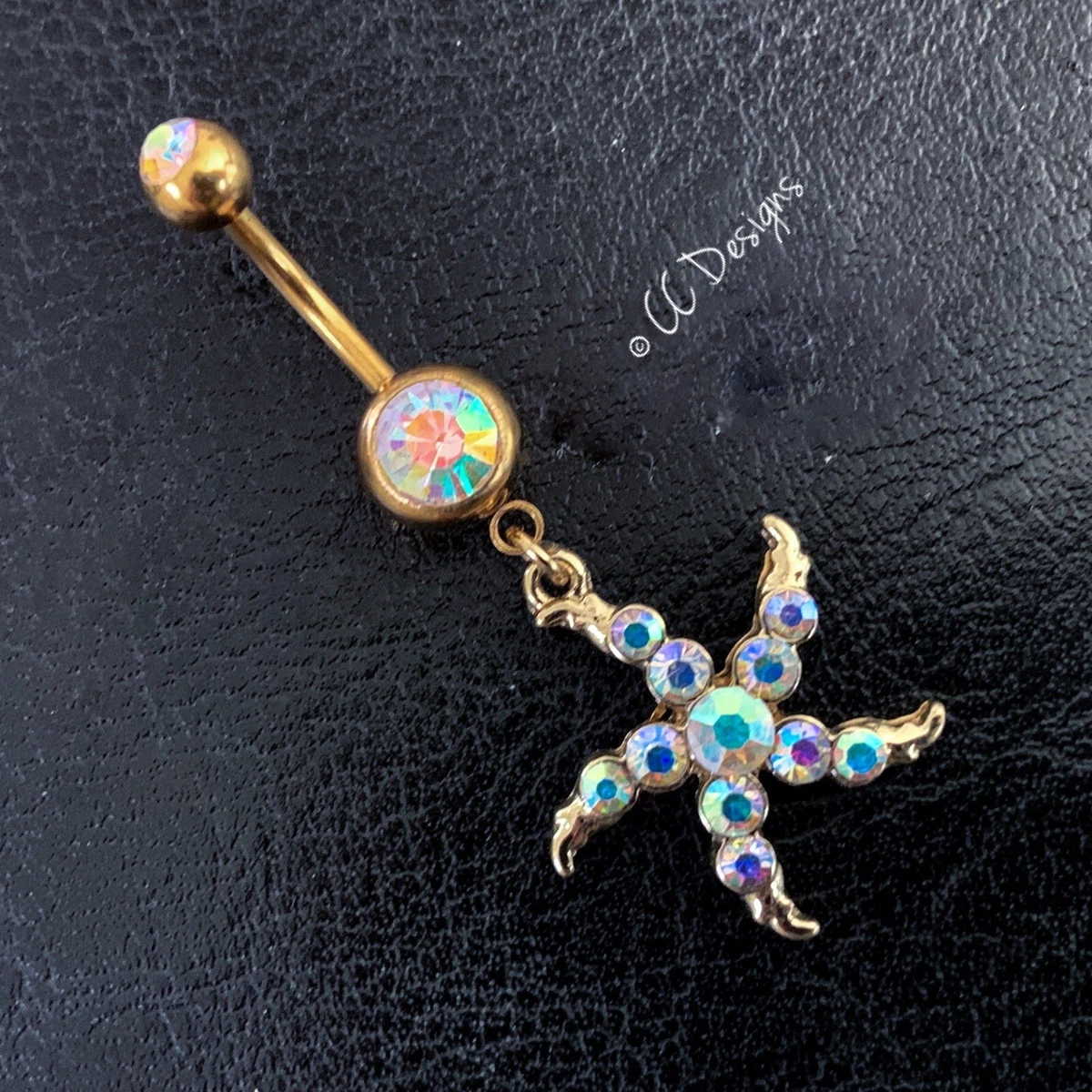 14g gold IP aurora borealis rainbow sparkle cz dangle starfish
