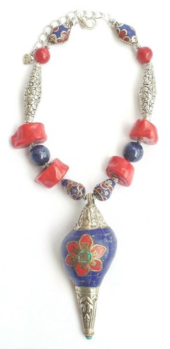 Rare Nepal Conch Shell Inset Beads Coral Lapis Amulet Necklace One of a Kind - Picture 2 of 11