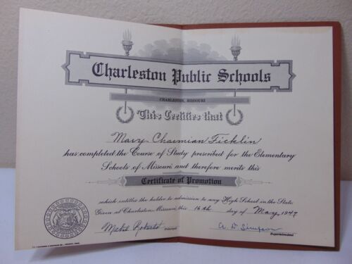VINTAGE 1947 CHARLESTON MO PUBLIC SCHOOLS ELEMENTARY DIPLOMA PROMOTION RARE - Picture 3 of 4