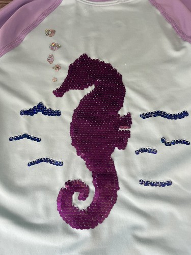 Lands End Girls Rash Guard Swim Top Size 8 Long Sleeve Sequin Seahorse - Picture 2 of 6