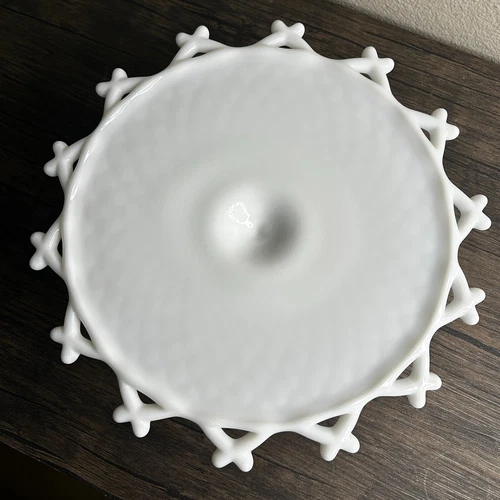 VINTAGE Milk Glass Pedestal 10" Cake Stand Plate Wedding Nature Cutouts 3451