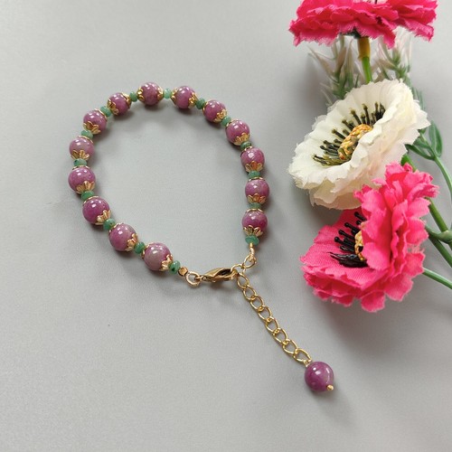 77.30cts Ruby Zoisite & Emerald Round Shape 7mm Plain Beads Brass Bracelet 6.30" - Imagen 3 de 5