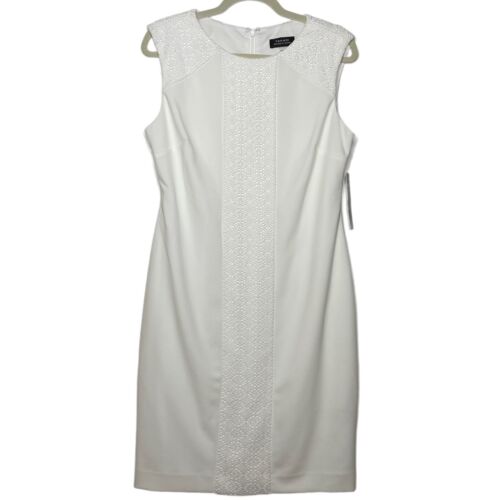 Tahari White Lace Sheath Dress Size 8 Stretch Crepe Elegant Fashion - Picture 2 of 10