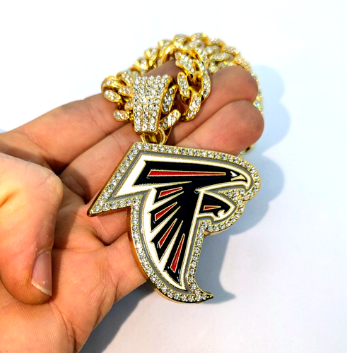 ATLANTA FALCONS GEM NECKLACE Gold NFL Team Bling Hip Hop Pendant & 20" Chain - Picture 2 of 5