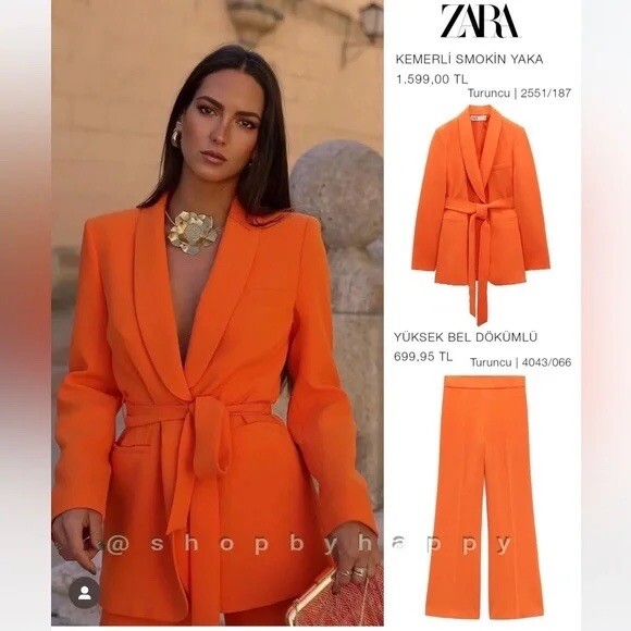 ZARA WOMAN ORANGE TUXEDO COLLAR BLAZER WITH BELT SIZE XS