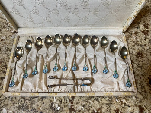 Antique Gorham Sterling Silver Vermeil Demi Spoon Set 808 Forget Me Not Enamel