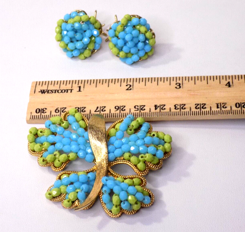 Vintage Judith McCann Butterfly Brooch Wingback Earrings Set Blue Beads Goldtone - Picture 18 of 20