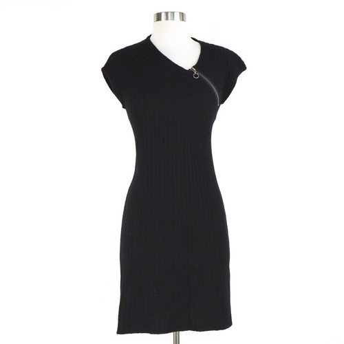 Qi Cashmere Cap Sleeve Ribbed Sweater Dress Black Medium