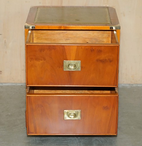 LOVELY PAIR OF BURR YEW WOOD GREEN LEATHER MILITARY CAMPAIGN NIGHTSTAND DRAWERS - Picture 20 of 24