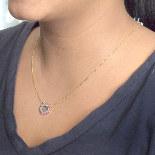 Rubí Piedras Preciosas 14K Oro Amarillo Diamante Pavé Boda Colgante Collar Jo... - Imagen 3 de 5