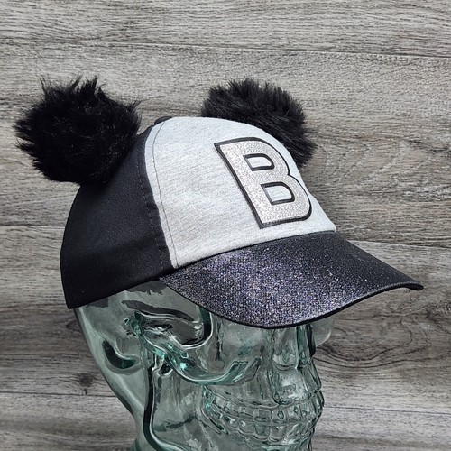 Justice Baseball Hat with Pom Poms Girls OS Womens Black Glitter Brim B Faux Fur - Imagen 6 de 8