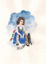 PRINT OF PAINTING RYTA GOODBYE CHILDHOOD TUXEDO CAT ILLUSTRATION Surrealism Art