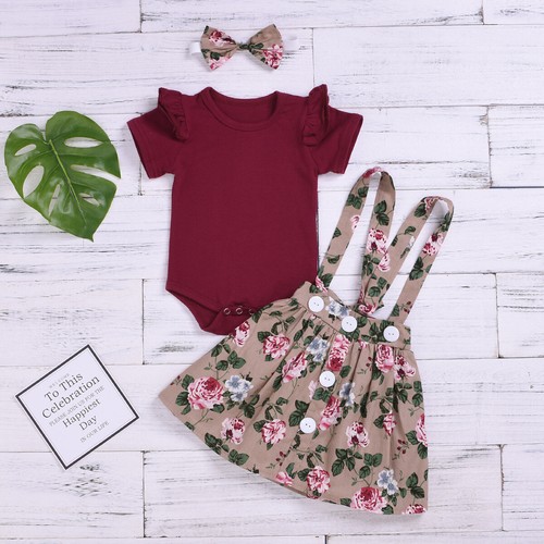 Baby Girl Dress with Headband Ruffles T-shirt Top Flower Print Dress Skirts Set - Picture 26 of 37