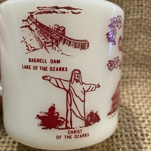 Vtg Ozarks Milk Glass Mug Arkansas Missouri Federal Glass Cup Lake Taneycomo - Picture 5 of 11