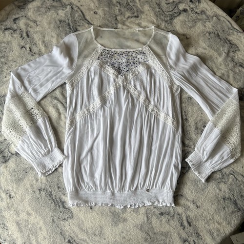 Guess White Boho Gypsy Lace Crochet Beaded Blouse Top Long Sleeve Tshirt M - Picture 6 of 17