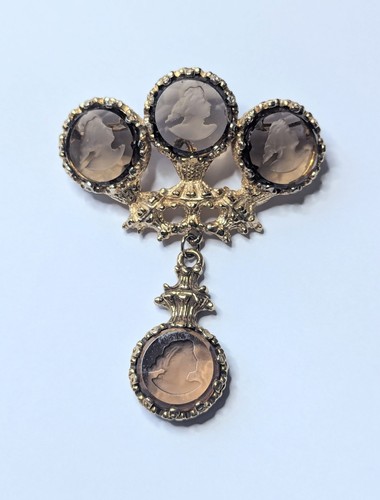 Vintage UNS Goldette Heraldic Smoke Glass Intaglio Carved Dangle Brooch Pin 3"