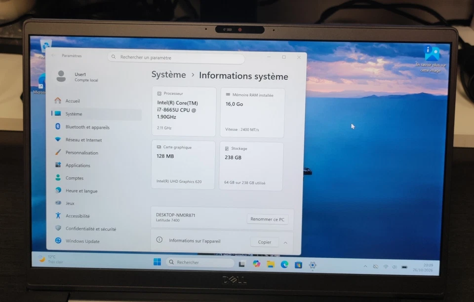 Dell Latitude 7400 · i7-8665U · 16GB · 250GB, photo 3 sur 5