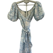 Shore Wrap Dress Women M Blue White Puff Sleeve Tea Length NWT