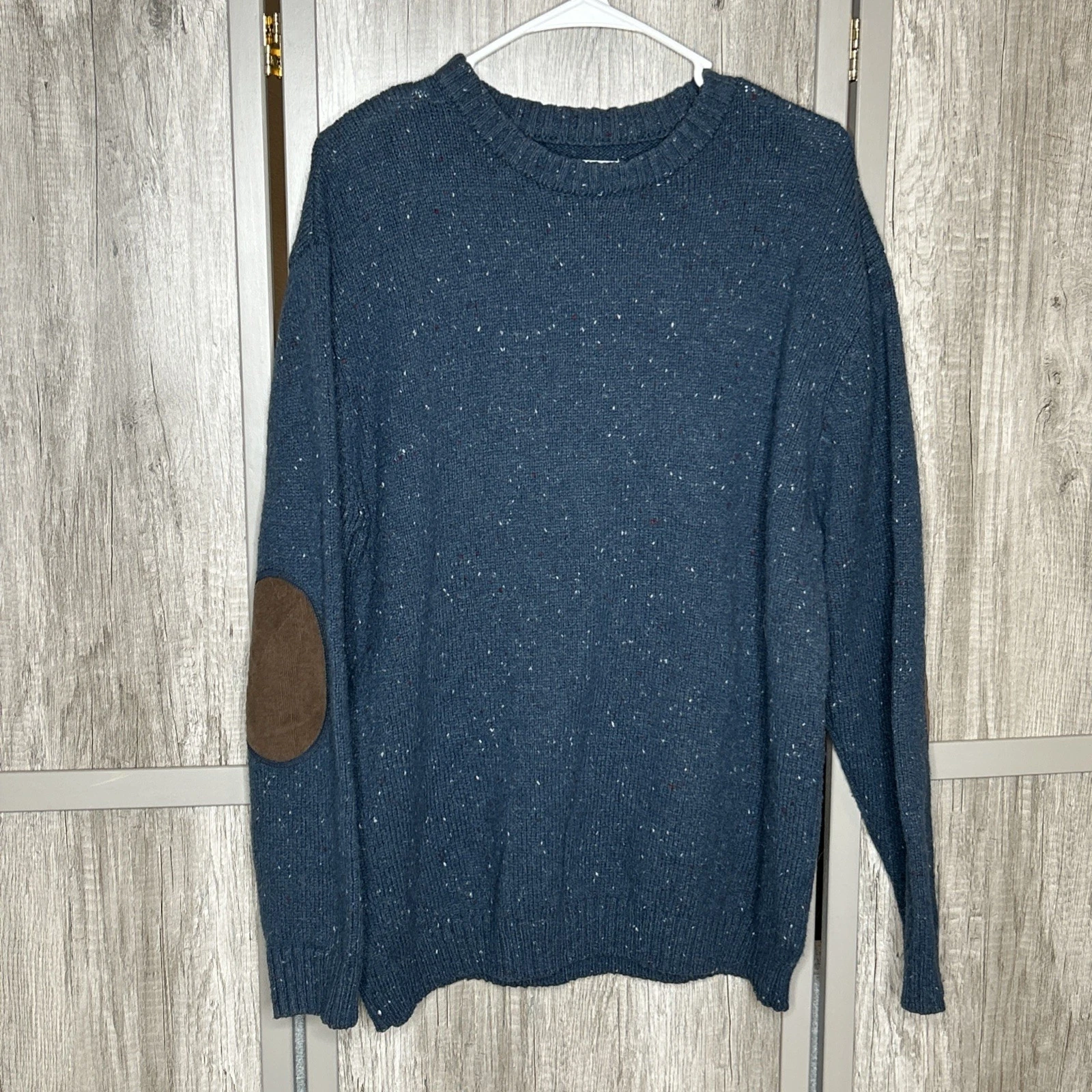 Line of Trade Sweater Men XL Wool Blend Fisherman Speckled Elbow Patch Blue EUC